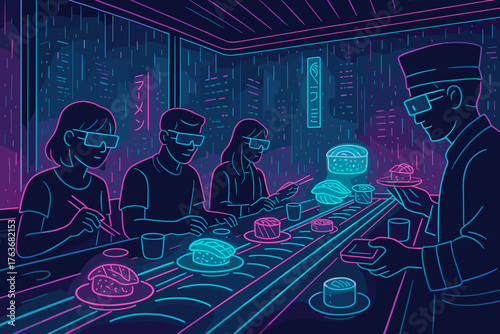 Cyberpunk sushi restaurant with VR diners and futuristic chef