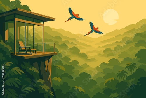 Modern jungle lodge with sunset view and flying parrots