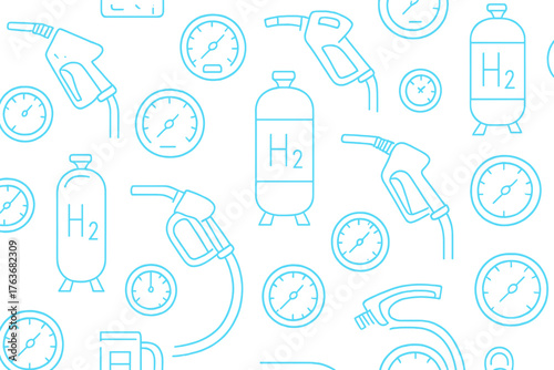 Seamless hydrogen fuel icon pattern with glowing blue line art on gradient background