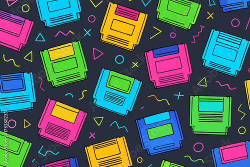 Retro 90s pattern with colorful floppy disks and geometric shapes on dark background