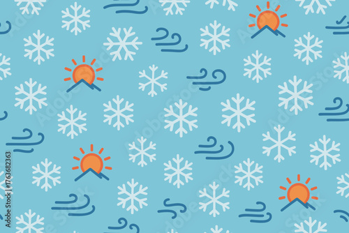 Seamless Winter Weather Pattern with Snowflakes, Wind Symbols, and Sun over Mountains on Blue Background