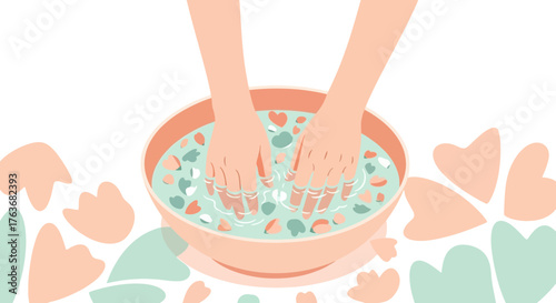 Illustration Of Hands Soaking In A Bowl Of Water And Floral Elements