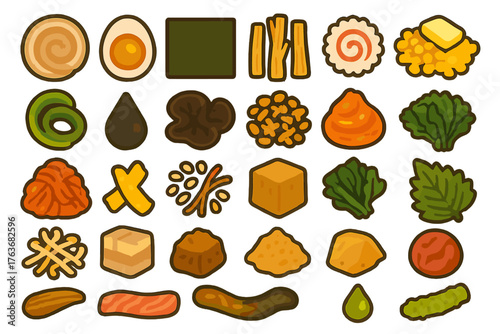 Delicious ramen toppings illustrated icon set