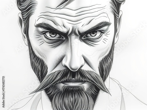 Intensely focused bearded man gazes forward with steely eyes in black and white sketch.