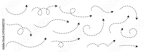 Set of  curved dotted line arrow set. Whimsical hand-drawn direction lines set with swirls and loops for navigation, infographic design.