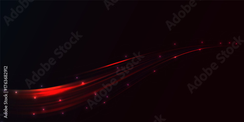 Abstract gradient mesh wave with moving flowing sparkling particles. Futuristic background with dynamic red wave. Vector illustration.