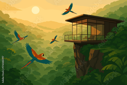 Modern jungle villa on cliff with flying parrots at sunrise