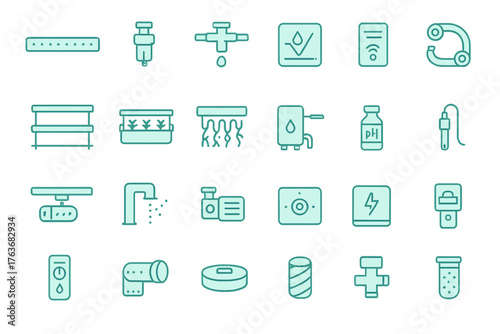 Smart hydroponic farming icon set with irrigation and sensors