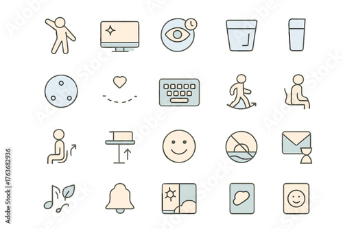 Minimalist UI icons set with wellness and productivity theme