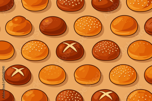 Seamless pattern of assorted bakery buns with sesame seeds and cross tops on warm background