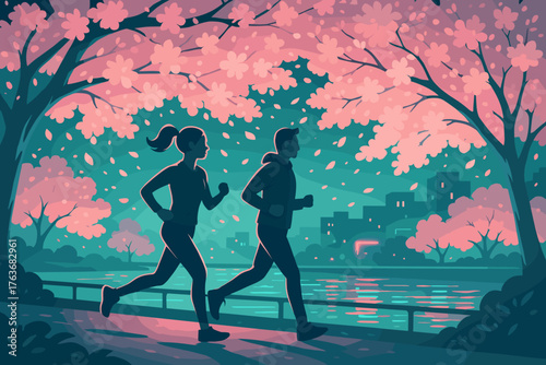 Evening jog under cherry blossoms by the riverside