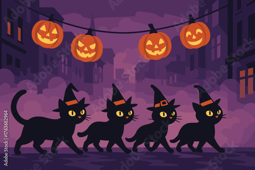 Witch cats parade under jack-o'-lantern lights on Halloween night