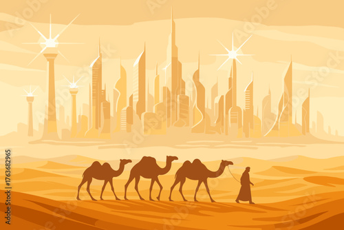 Caravan crossing the desert toward a futuristic city
