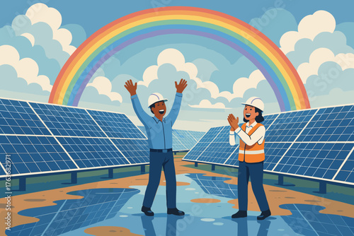 Engineers Celebrating at Solar Farm Under Rainbow – Clean Energy Success with Solar Panels and Happy Workers in Hard Hats