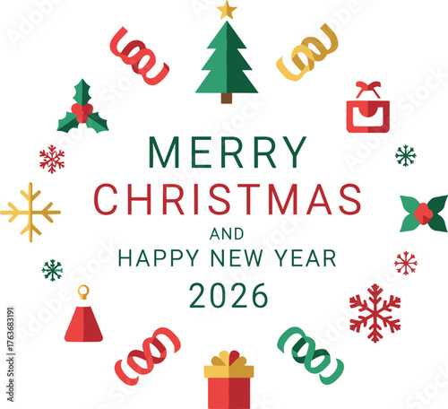 Minimal Flat Merry Christmas and Happy New Year 2026 Greeting Illustration – Festive Modern Design.