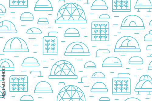 Seamless pattern of futuristic greenhouses and plant domes