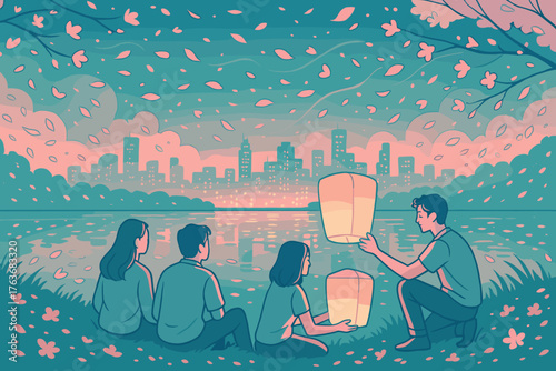 Friends releasing lanterns by the lake with city skyline and falling petals