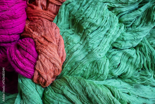 Colorful cotton yarn. Hand-dyed skeins of yarn used for weaving.