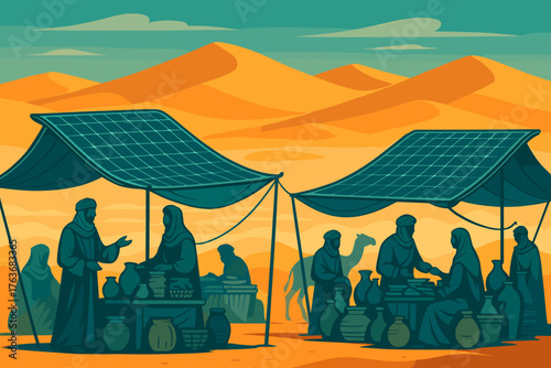 Desert market scene with solar panel tents and pottery trade
