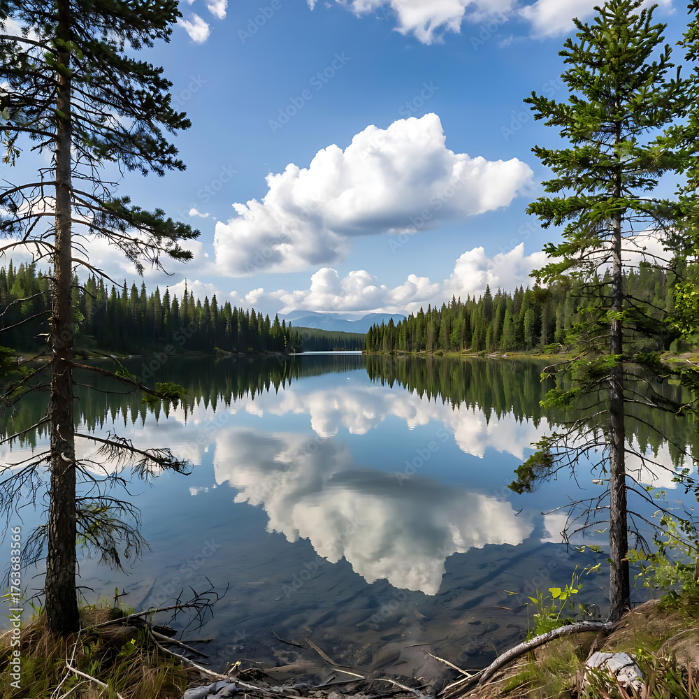 Fototapeta premium Panorama of Majestic blue mountain lake with green trees and rocks