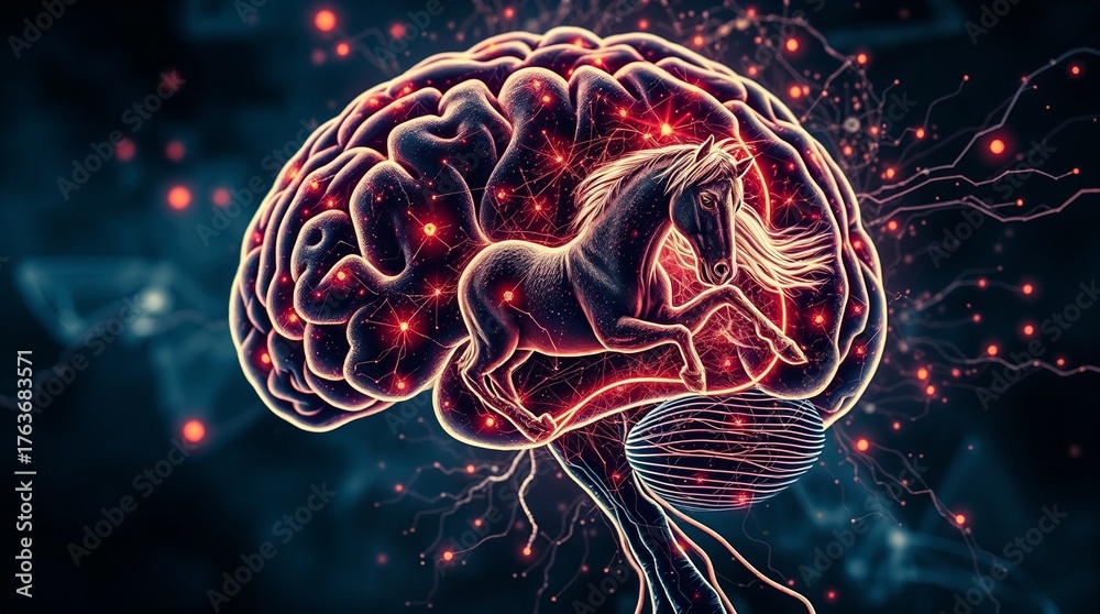 Fototapeta premium Trojan Horse inside human brain symbolizing psychological manipulation and violence, illustration of Greek myth 