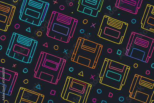 Seamless neon outline pattern of floppy disks and geometric symbols on black background