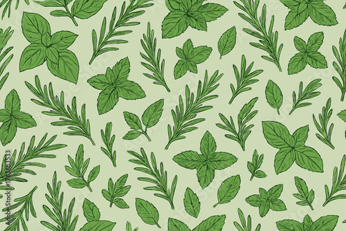 Fresh green herb pattern with basil, rosemary, and mint leaves on light background