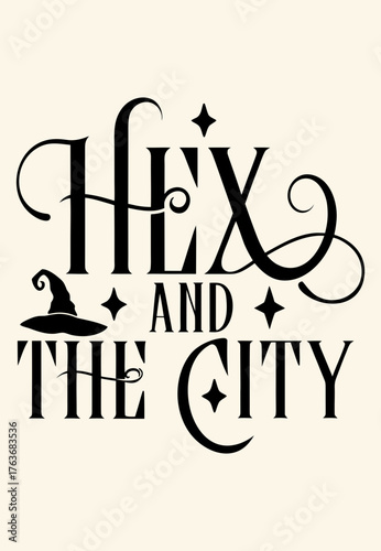 Playful Minimalist Vector “Hex and the City” with Witch Hat and Star, Clean Line Art on Beige Background