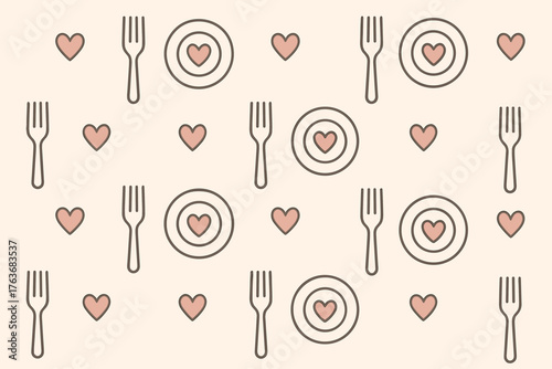 Minimalist romantic dining pattern with plates, forks, and hearts on cream background