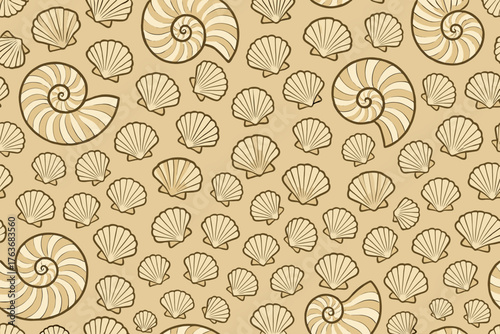 Vintage seamless seashell pattern with spiral and scallop shells on tan background