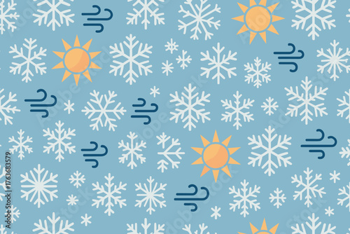 Seamless Winter Weather Pattern with Snowflakes, Wind Gusts, and Yellow Sun Icons on Blue Background