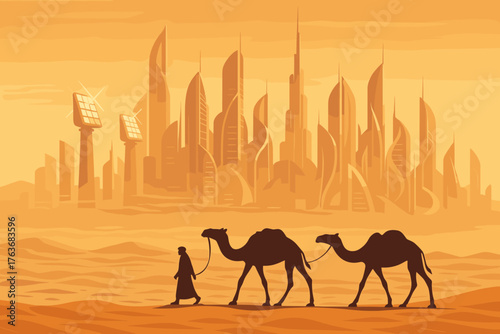 Nomads approaching a solar-powered futuristic desert city