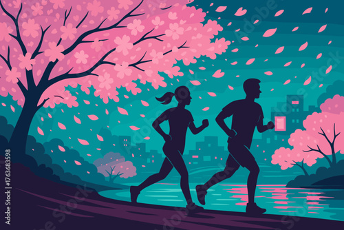 Spring jog beneath cherry blossoms by the riverside