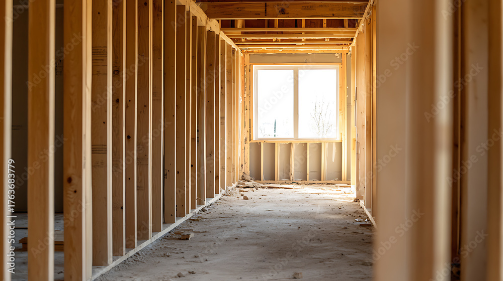 Fototapeta premium A construction site features wooden framework for walls and a window letting in natural light. The unfinished interior showcases the early stages of a building's construction.