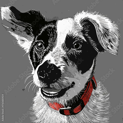 Artistic Hand-Drawn Portrait of a Black and White Dog with Red Collar