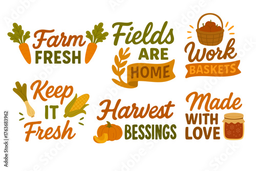 Farm quote lettering set with vegetables and baskets in soft flat style for rustic design.