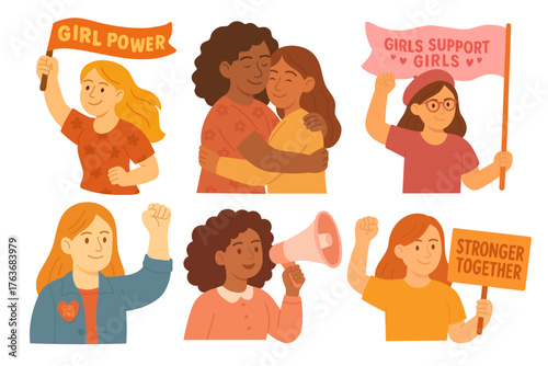 Women holding banners and signs in soft flat style for feminism and empowerment design.