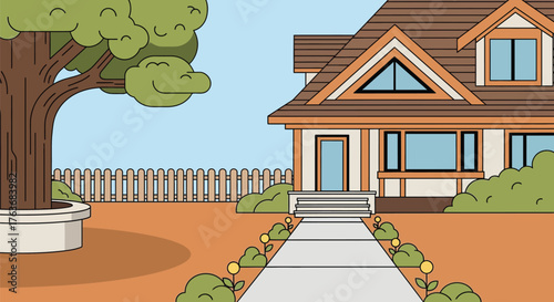 Cartoon house illustration with tree fence and walkway design vector