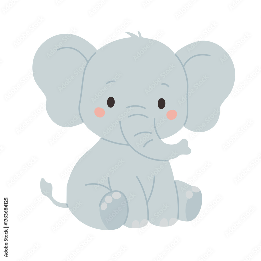 Fototapeta premium Cute baby elephant sitting in soft flat style for children design and decorative illustration.