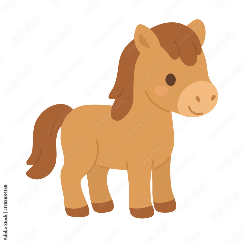 Obraz premium Cute brown pony in soft flat style for children design, cartoon and decorative projects.