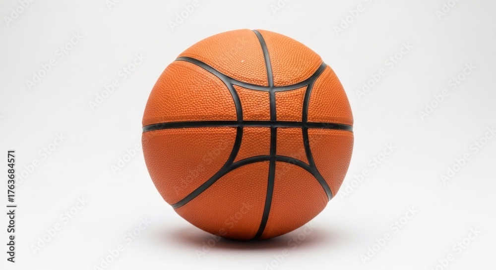 Fototapeta premium Orange basketball centered, textured surface with black line details on white
