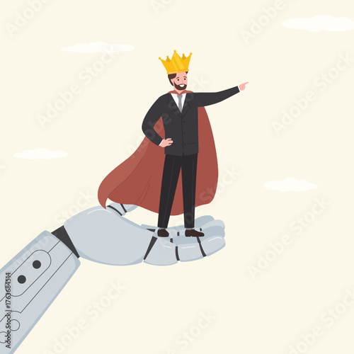 Ai chat bot support, promoting leader, help to succeed in work. Robot assist businessman hero to new career opportunity, leadership or business growth,