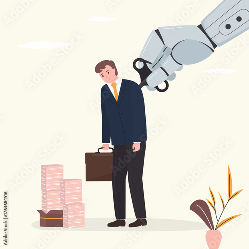 Robot hand turns wind-up key on businessman back. AI chat bot help with burnout and frustration. Searching new stimulus and goals. Chatbot support worker man