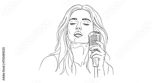 Continuous line drawing of a singer with a vintage microphone, simple artistic illustration in b