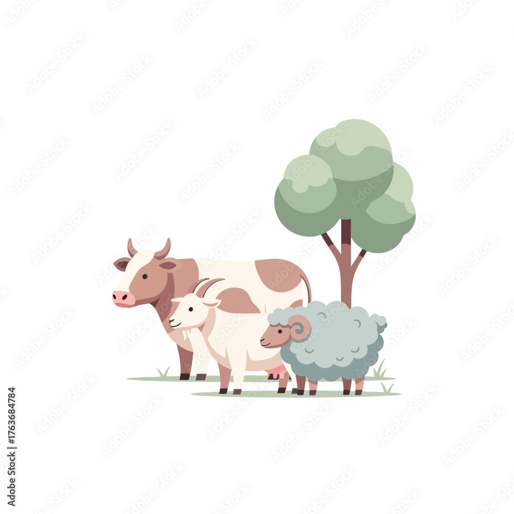 Obraz premium Flat vector illustration of a farm animal group with a cow, goat, and sheep under a tree, symbolizing agricultural life and domestic livestock
