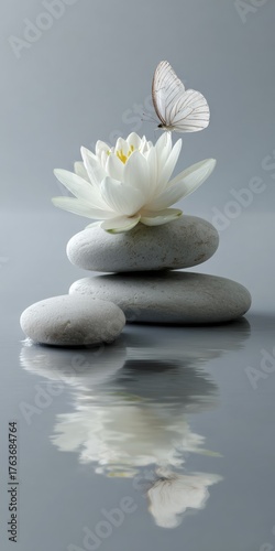 White lotus flower and butterfly on stacked smooth stones reflected in water, symbol of peace, balance, purity, and mindfulness, elegant zen spa composition
