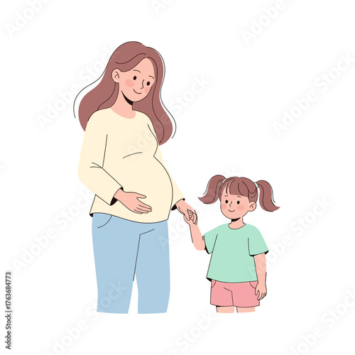 A heartwarming illustration depicting the loving bond between a pregnant mother and her joyful young daughter, eagerly anticipating a new family member