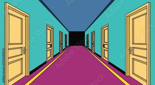 Cartoon hallway illustration with doors and purple carpet view vector