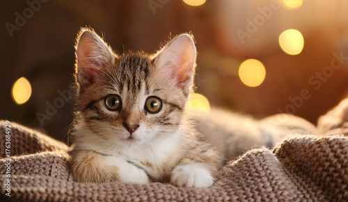 Wallpaper Mural Adorable Domestic Kitten Resting Comfortably on a Soft Blanket in a Warm and Cozy Setting with Bokeh Lights in the Background Torontodigital.ca