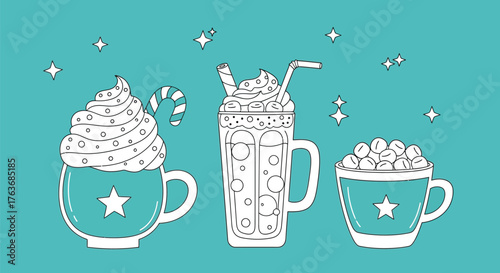 Winter drinks coloring page christmas cocoa and hot chocolate art vector
